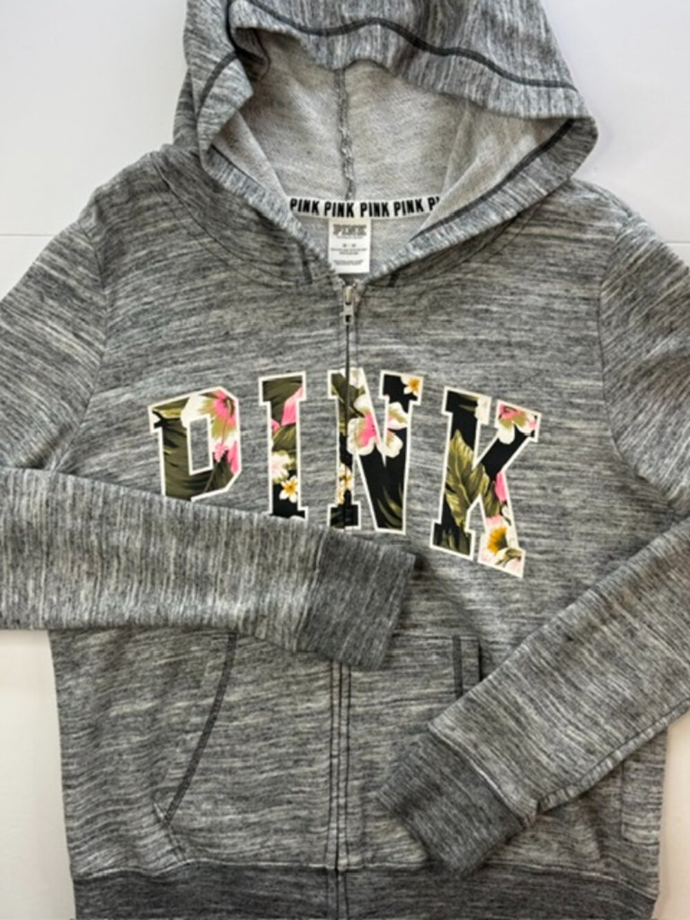 Hoodie Victoria's Secret PINK Full Zip Women's M Sweatshirt Grey Floral Logo